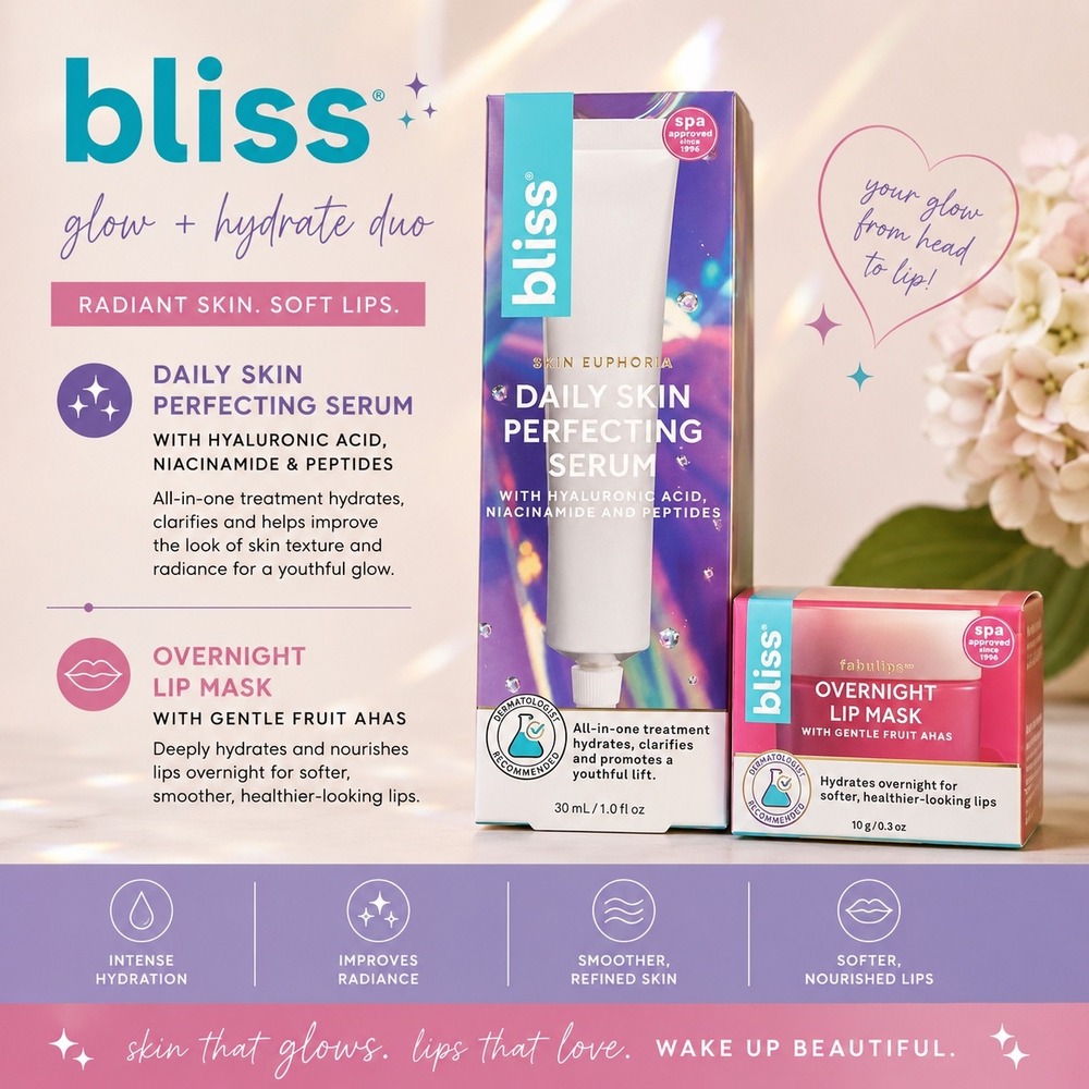 Bliss Glow + Hydrate Duo Daily Skin Perfecting Serum and Overnight Lip Mask Set